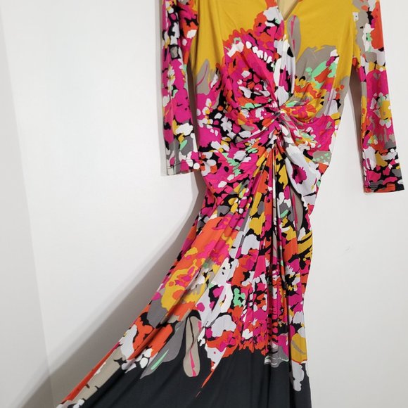 BCBGMaxazria A-Line Ruched Front Midi Dress 3/4 Sleeve Womens Floral V-Neck S - Picture 2 of 9